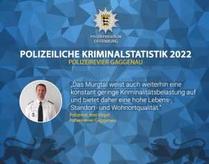 Polizeiliche Kriminalstatistik Polizeirevier Gaggenau 2022 - Polizeirat Jens Vogel:"„Das Murgtal weist auch weiterhin eine konstant geringe Kriminalitätsbelastung auf und bietet daher eine hohe Lebens-, Standort- und Wohnortqualität."