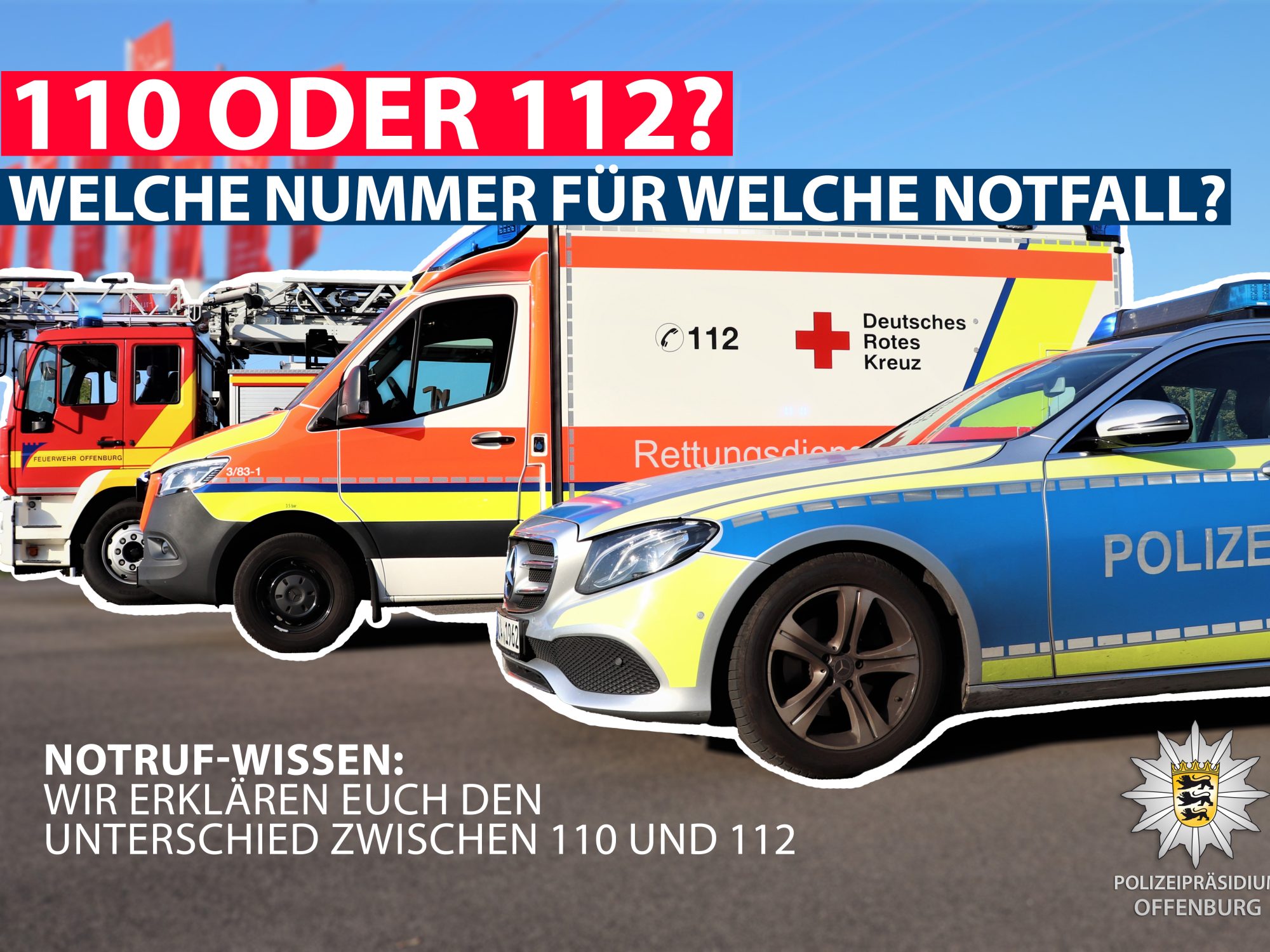 "In einem Notfall zählt jede Sekunde. Während die 112 primär für medizinische Notfälle und Brände zuständig ist, ist die 110 Dein direkter Draht zur Polizei. Hier ein kurzer Leitfaden, um den Unterschied zu verdeutlichen und in welcher Situation welche Nummer die schnellste und passendste Hilfe bringt:" 112 - Feuerwehr und Rettungsdienst: Bei schweren Verletzungen oder Verbrennungen Bei Bewusstlosigkeit Bei Symptomen eines Schlaganfalls Bei Anzeichen eines Herzinfarktes Bei starken Schmerzen Bei allergischem Schock Bei akuter Atemnot Bei Bränden oder Brandalarm 110 - Polizei: Wenn Ihr euch durch jemanden bedroht fühlt Wenn Ihr in Gefahr seid Wenn ihr einer Straftat ausgesetzt seid Wenn andere in diese Situationen geraten Wenn Ihr vermutet, dass so eine Situation vorliegen könnte Für Hinweise zu einer Fahndung Bei Verkehrsunfällen Bei Vermisstenmeldungen Bei Suizidandrohungen 