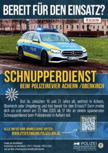 Schnupperdienst, Polizeirevier Achern Oberkirch, Bist du zwischen 16 und 21 Jahre alt, wohnst in Achern, Oberkirch oder Umgebung und bist bereit für den Einsatz? Dann melde dich an und nimm am 27. Mai 2025 ab 17 Uhr an einem spannenden Schnupperdienst beim Polizeirevier in Achern teil, Alle Infos und Anmeldung unter: www.PPoffenburg.polizei-bw.de - Fragen zur Anmeldung? Kontaktiere uns telefonisch: 0781 21-1345 oder 0781 21-1343 oder per Mail: offenburg.berufsinfo@polizei.bwl.de