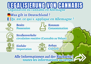 nfografik mit dem Titel ‚Legalisierung von Cannabis‘. Es werden in deutscher und französischer Sprache Fragen zu Besitz, Anbau, Konsum, Straßenverkehr und Einfuhr thematisiert. Neben jedem Begriff ist ein passendes Symbol dargestellt.