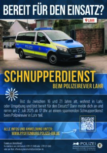 Plakat zum Schnupperdienst beim Polizeirevier Lahr am 2. Juli 2025 für Jugendliche zwischen 16 und 21 Jahren.