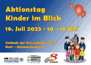 Flyer zum Aktionstag "Kinder im Blick" am 19. Juli 2025 von 10 bis 16 Uhr auf dem Gelände der Ortsverkehrswacht Kehl – Hanauerland e.V.