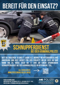 Plakat der Polizei Baden-Württemberg zum Schnupperdienst bei der Kriminalpolizei in Offenburg am 25. März 2026 für Jugendliche zwischen 16 und 21 Jahren.