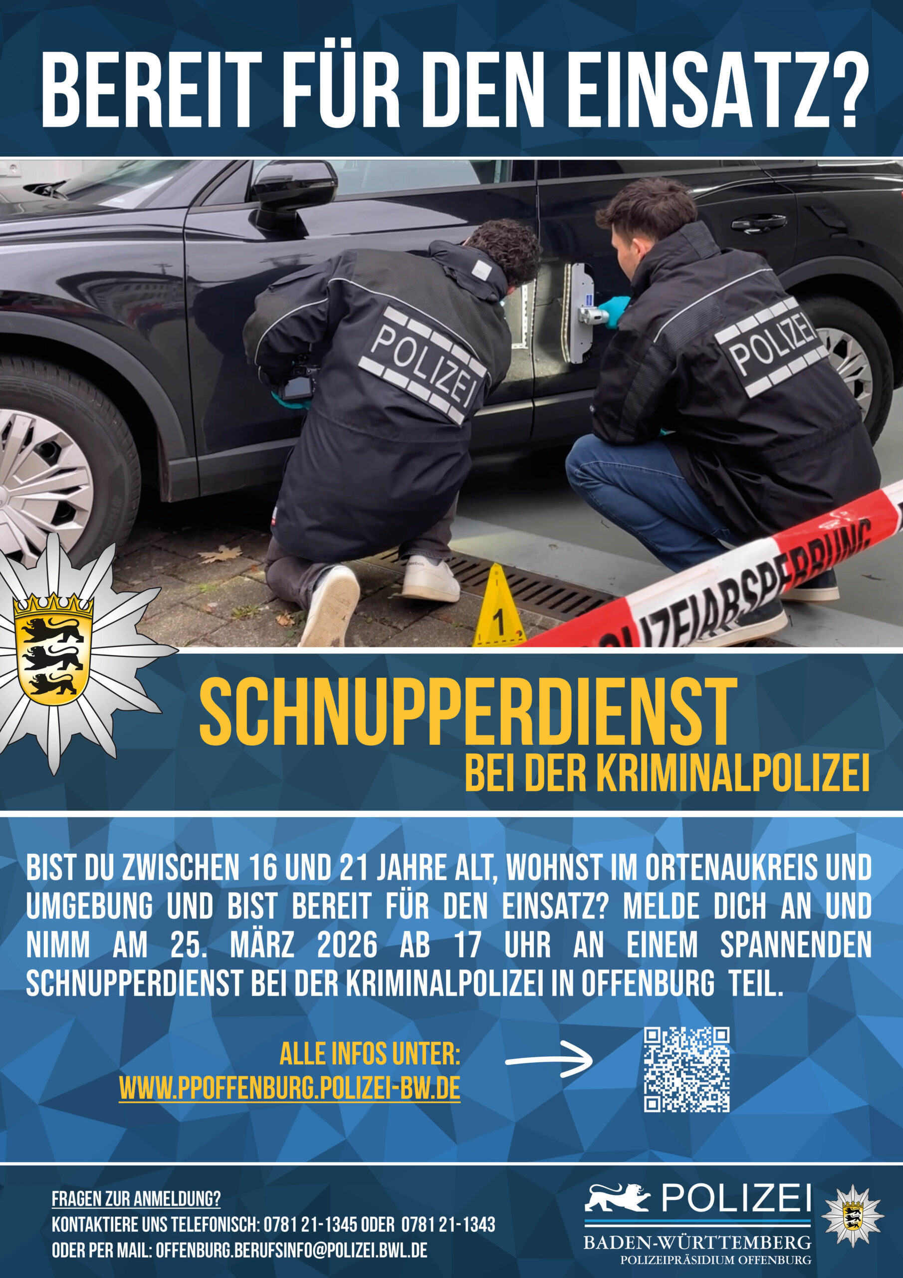 Plakat der Polizei Baden-Württemberg zum Schnupperdienst bei der Kriminalpolizei in Offenburg am 25. März 2026 für Jugendliche zwischen 16 und 21 Jahren.